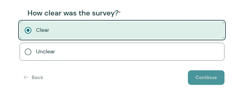 Participant view of the question How clear was the survey, with Clear and Unclear answer choices