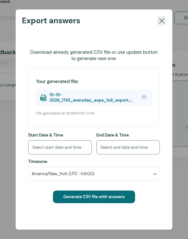 Sondara CSV export dialog for the synthetic feedback study